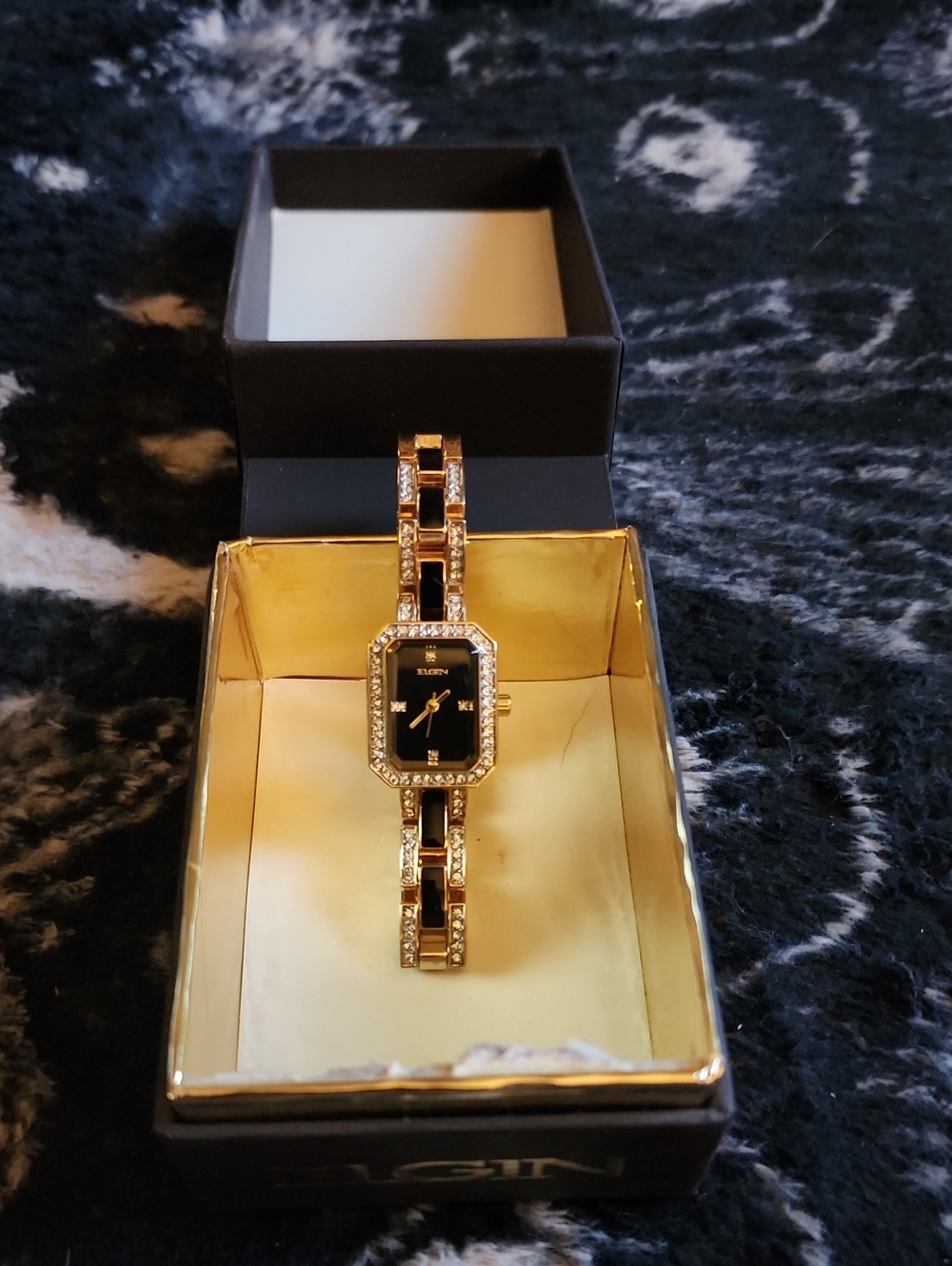 Elgin Women's Gold-Tone Black Dial Crystal Bracelet Watch